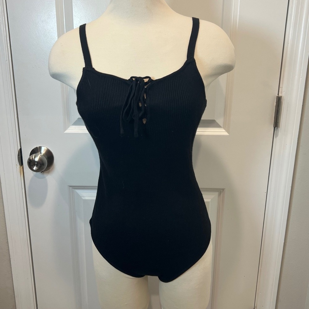 White Birch Womens Bodysuit Lace Up Front Ribbed Black XL